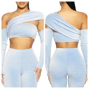 Naked Wardrobe Overly Long Sleeve Off The Shoulder Crop Top In Blue